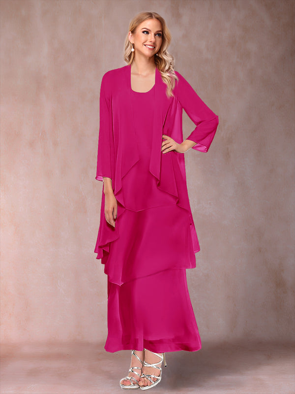 A-Line/Princess Scoop 3/4 Sleeves 3 Pieces Mother of the Bride Dress with Ruffles & Jacket