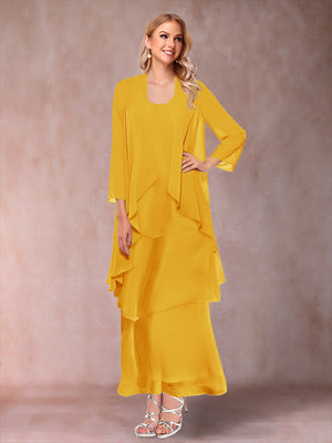 A-Line/Princess Scoop 3/4 Sleeves 3 Pieces Mother of the Bride Dress with Ruffles & Jacket