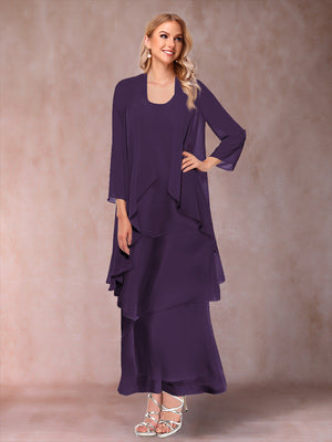A-Line/Princess Scoop 3/4 Sleeves 3 Pieces Mother of the Bride Dress with Ruffles & Jacket