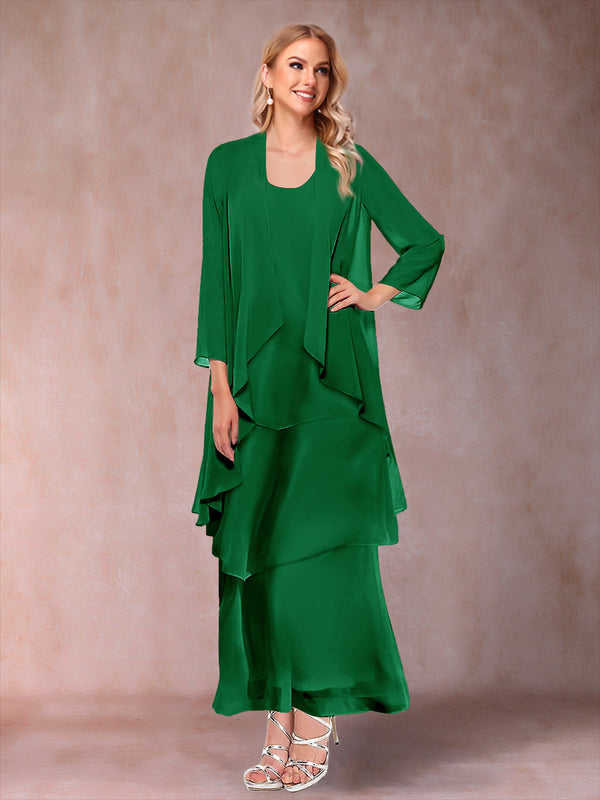 A-Line/Princess Scoop 3/4 Sleeves 3 Pieces Mother of the Bride Dress with Ruffles & Jacket
