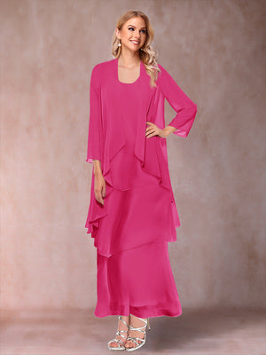 A-Line/Princess Scoop 3/4 Sleeves 3 Pieces Mother of the Bride Dress with Ruffles & Jacket