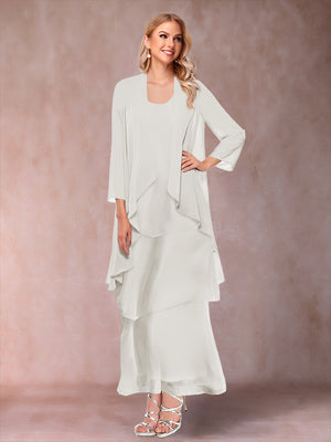 A-Line/Princess Scoop 3/4 Sleeves 3 Pieces Mother of the Bride Dress with Ruffles & Jacket