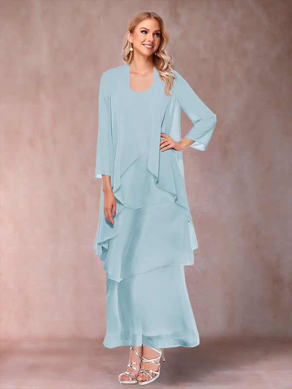 A-Line/Princess Scoop 3/4 Sleeves 3 Pieces Mother of the Bride Dress with Ruffles & Jacket