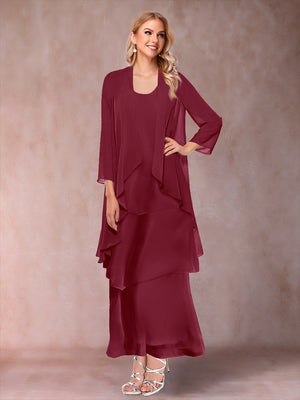 A-Line/Princess Scoop 3/4 Sleeves 3 Pieces Mother of the Bride Dress with Ruffles & Jacket