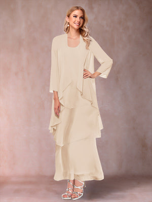 A-Line/Princess Scoop 3/4 Sleeves 3 Pieces Mother of the Bride Dress with Ruffles & Jacket