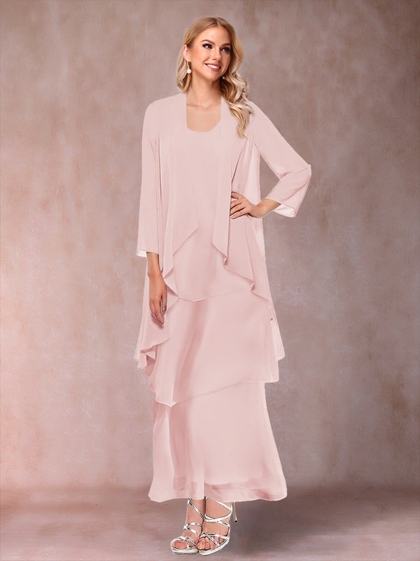 A-Line/Princess Scoop 3/4 Sleeves 3 Pieces Mother of the Bride Dress with Ruffles & Jacket
