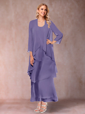 A-Line/Princess Scoop 3/4 Sleeves 3 Pieces Mother of the Bride Dress with Ruffles & Jacket