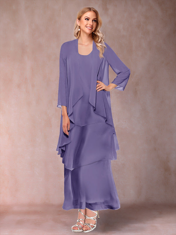 A-Line/Princess Scoop 3/4 Sleeves 3 Pieces Mother of the Bride Dress with Ruffles & Jacket