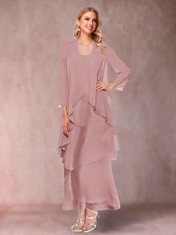 A-Line/Princess Scoop 3/4 Sleeves 3 Pieces Mother of the Bride Dress with Ruffles & Jacket