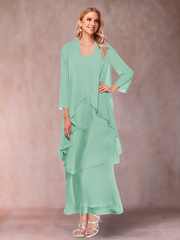 A-Line/Princess Scoop 3/4 Sleeves 3 Pieces Mother of the Bride Dress with Ruffles & Jacket