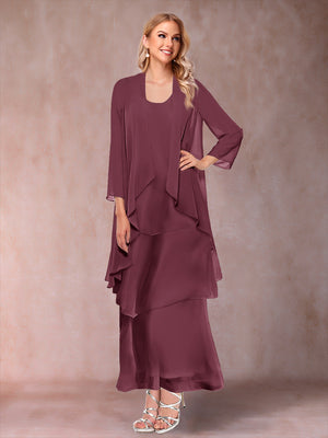 A-Line/Princess Scoop 3/4 Sleeves 3 Pieces Mother of the Bride Dress with Ruffles & Jacket