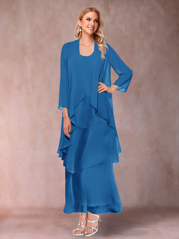 A-Line/Princess Scoop 3/4 Sleeves 3 Pieces Mother of the Bride Dress with Ruffles & Jacket