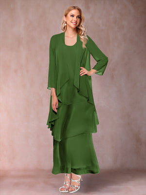 A-Line/Princess Scoop 3/4 Sleeves 3 Pieces Mother of the Bride Dress with Ruffles & Jacket
