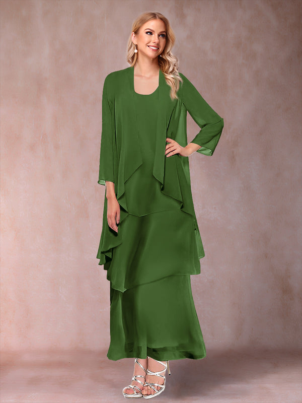 A-Line/Princess Scoop 3/4 Sleeves 3 Pieces Mother of the Bride Dress with Ruffles & Jacket