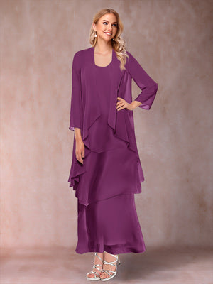 A-Line/Princess Scoop 3/4 Sleeves 3 Pieces Mother of the Bride Dress with Ruffles & Jacket