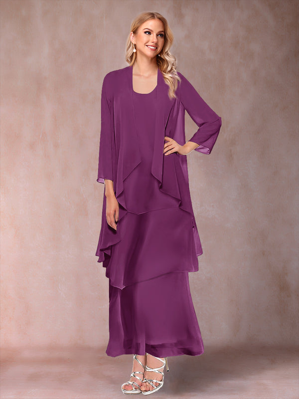 A-Line/Princess Scoop 3/4 Sleeves 3 Pieces Mother of the Bride Dress with Ruffles & Jacket