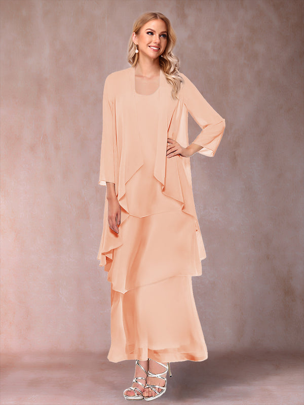 A-Line/Princess Scoop 3/4 Sleeves 3 Pieces Mother of the Bride Dress with Ruffles & Jacket