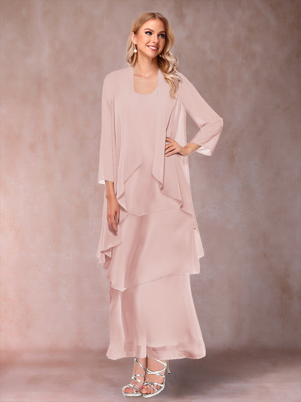 A-Line/Princess Scoop 3/4 Sleeves 3 Pieces Mother of the Bride Dress with Ruffles & Jacket