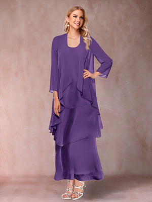 A-Line/Princess Scoop 3/4 Sleeves 3 Pieces Mother of the Bride Dress with Ruffles & Jacket