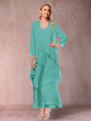 A-Line/Princess Scoop 3/4 Sleeves 3 Pieces Mother of the Bride Dress with Ruffles & Jacket