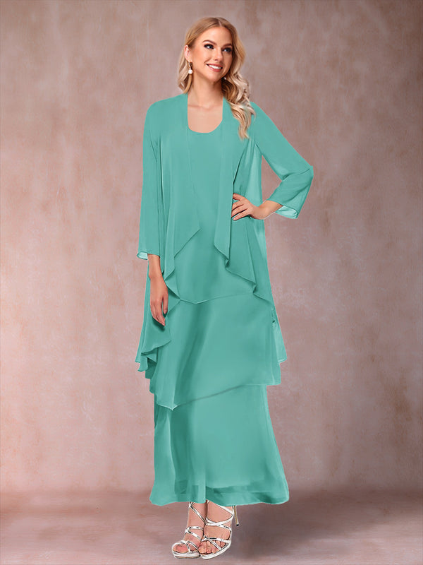 A-Line/Princess Scoop 3/4 Sleeves 3 Pieces Mother of the Bride Dress with Ruffles & Jacket