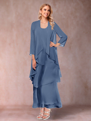A-Line/Princess Scoop 3/4 Sleeves 3 Pieces Mother of the Bride Dress with Ruffles & Jacket