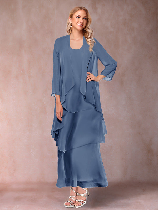 A-Line/Princess Scoop 3/4 Sleeves 3 Pieces Mother of the Bride Dress with Ruffles & Jacket