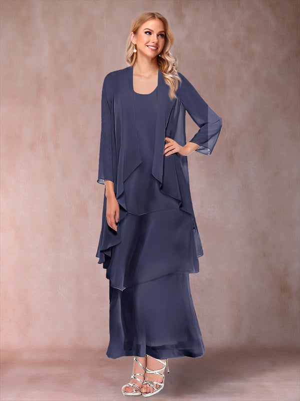 A-Line/Princess Scoop 3/4 Sleeves 3 Pieces Mother of the Bride Dress with Ruffles & Jacket