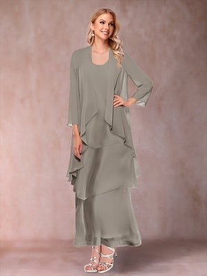 A-Line/Princess Scoop 3/4 Sleeves 3 Pieces Mother of the Bride Dress with Ruffles & Jacket