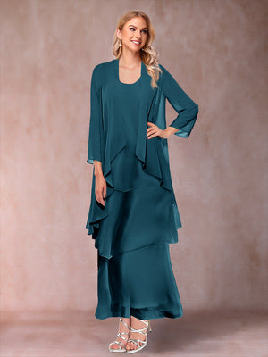 A-Line/Princess Scoop 3/4 Sleeves 3 Pieces Mother of the Bride Dress with Ruffles & Jacket