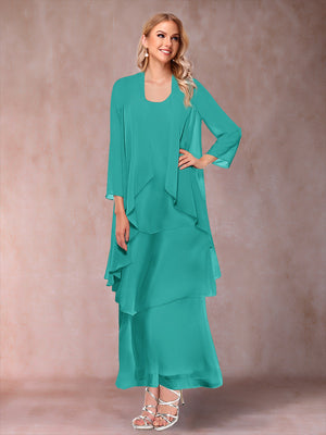 A-Line/Princess Scoop 3/4 Sleeves 3 Pieces Mother of the Bride Dress with Ruffles & Jacket
