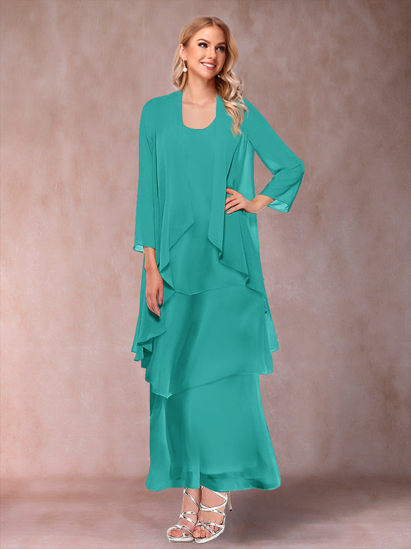 A-Line/Princess Scoop 3/4 Sleeves 3 Pieces Mother of the Bride Dress with Ruffles & Jacket