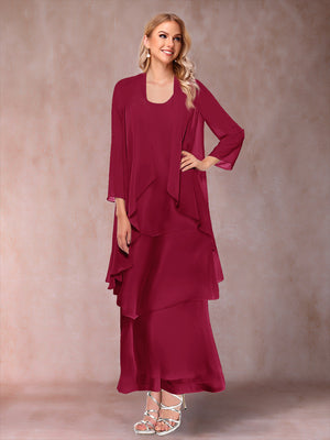 A-Line/Princess Scoop 3/4 Sleeves 3 Pieces Mother of the Bride Dress with Ruffles & Jacket