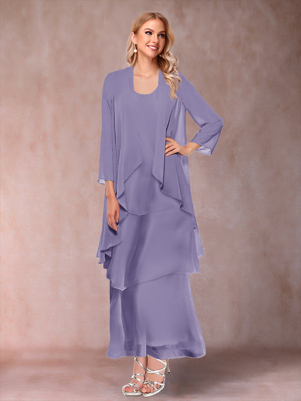 A-Line/Princess Scoop 3/4 Sleeves 3 Pieces Mother of the Bride Dress with Ruffles & Jacket