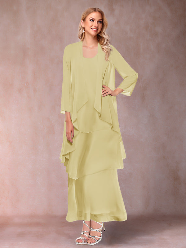 A-Line/Princess Scoop 3/4 Sleeves 3 Pieces Mother of the Bride Dress with Ruffles & Jacket