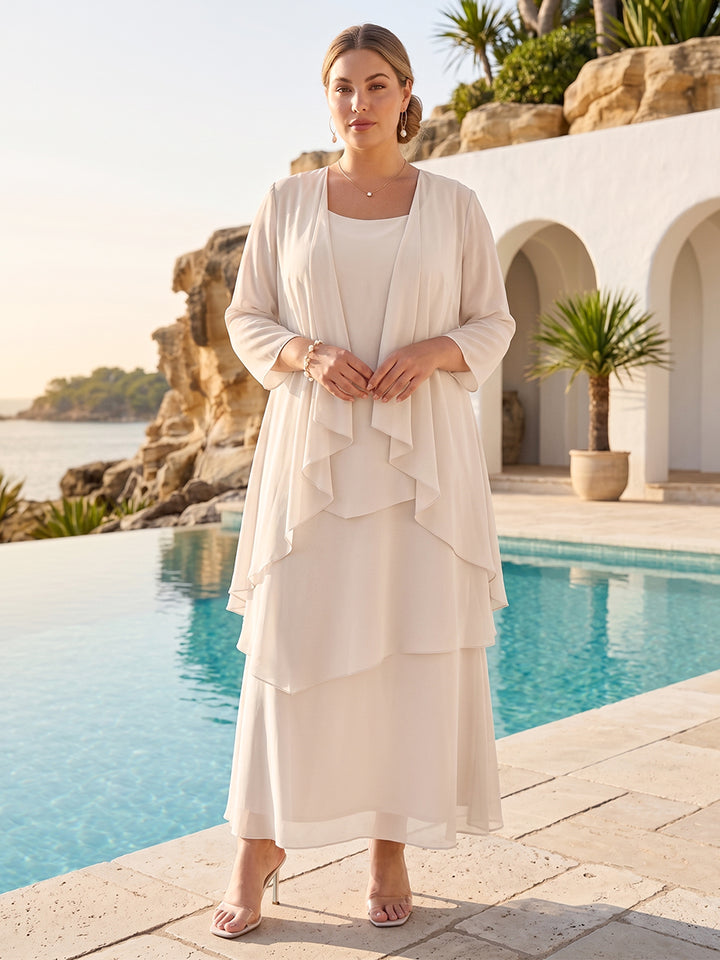 A-Line/Princess Scoop 3/4 Sleeves 2 Pieces Plus Size Mother of the Bride Dress with Ruffles &amp; Jacket