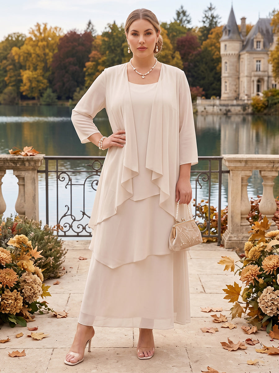 A-Line/Princess Scoop 3/4 Sleeves 2 Pieces Plus Size Mother of the Bride Dress with Ruffles &amp; Jacket