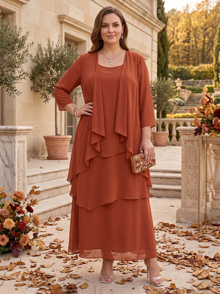 A-Line/Princess Scoop 3/4 Sleeves 2 Pieces Chiffon Plus Size Mother of the Bride Dress with Ruffles &amp; Jacket