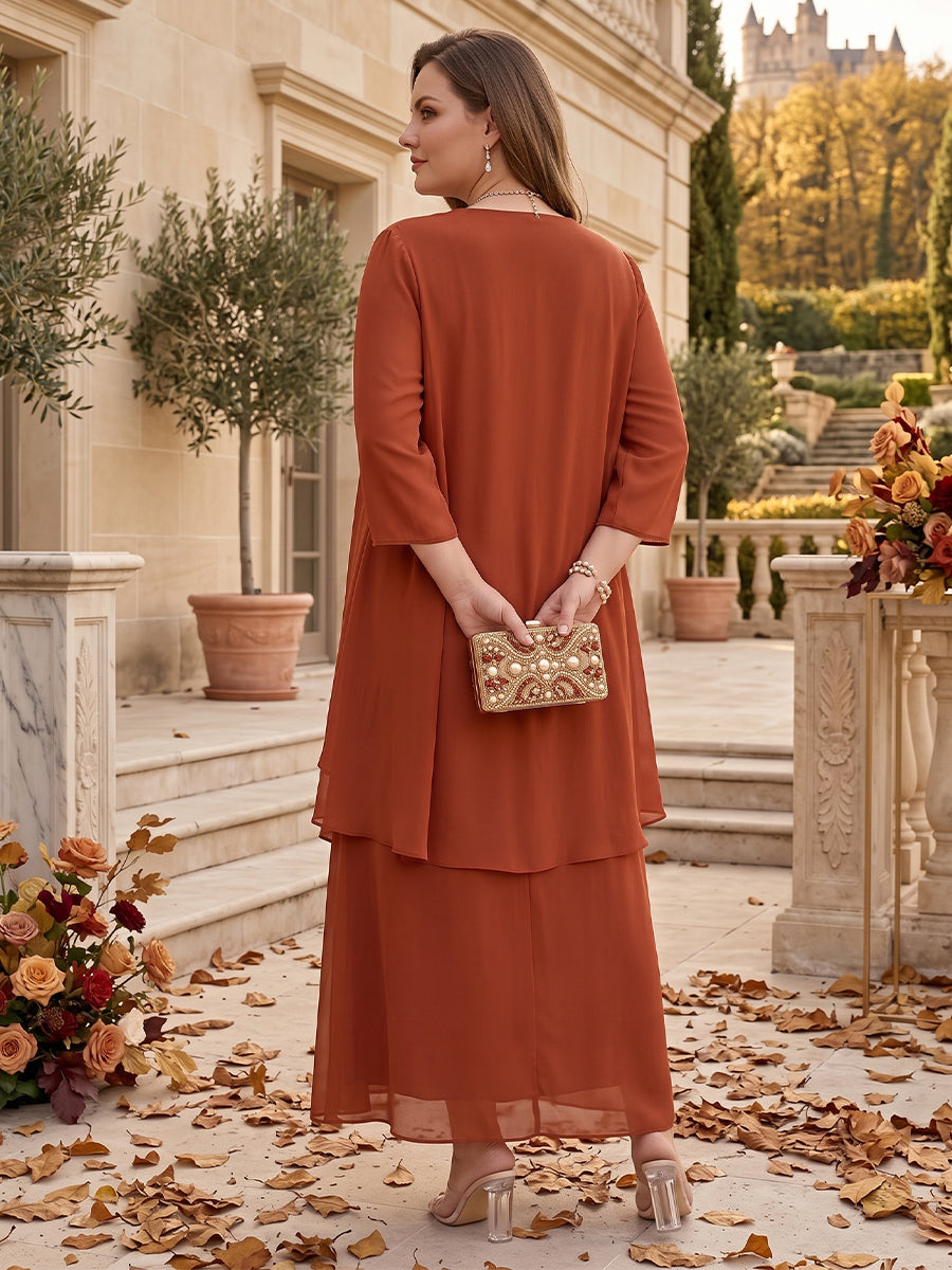 A-Line/Princess Scoop 3/4 Sleeves 2 Pieces Chiffon Plus Size Mother of the Bride Dress with Ruffles &amp; Jacket