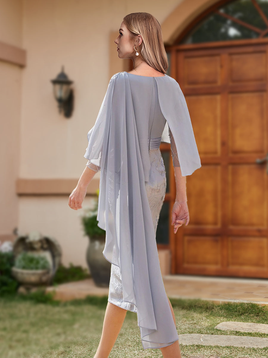 A-Line/Princess Chiffon Scoop Half Sleeves Wedding Guest Dresses with Watteau Train