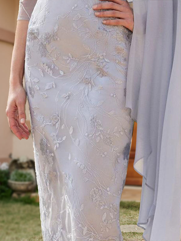 A-Line/Princess Chiffon Scoop Half Sleeves Wedding Guest Dresses with Watteau Train
