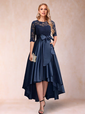 A-Line/Princess Scoop Half Sleeves Lace Wedding Guest Dresses with Applique