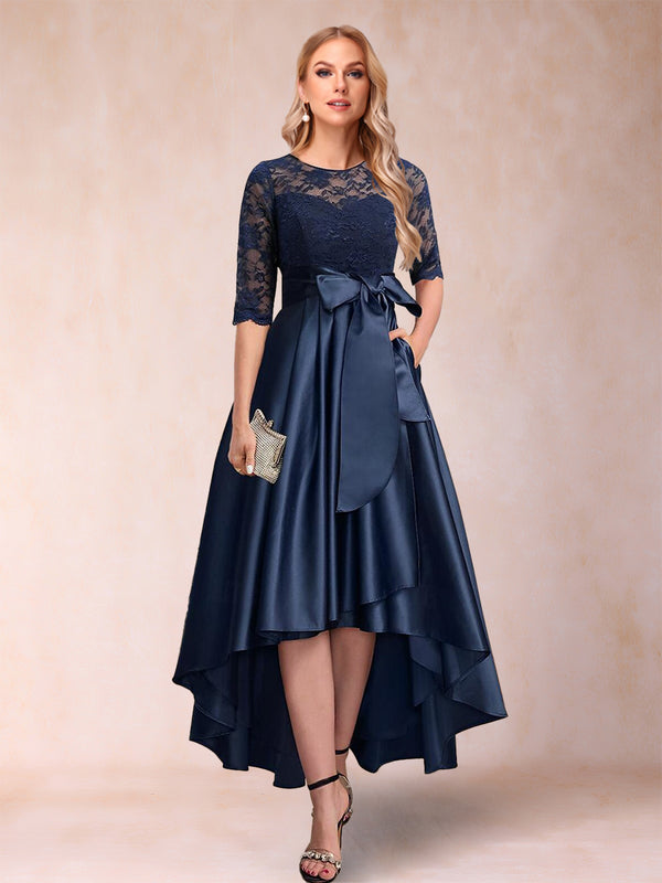 A-Line/Princess Scoop Half Sleeves Lace Wedding Guest Dresses with Applique