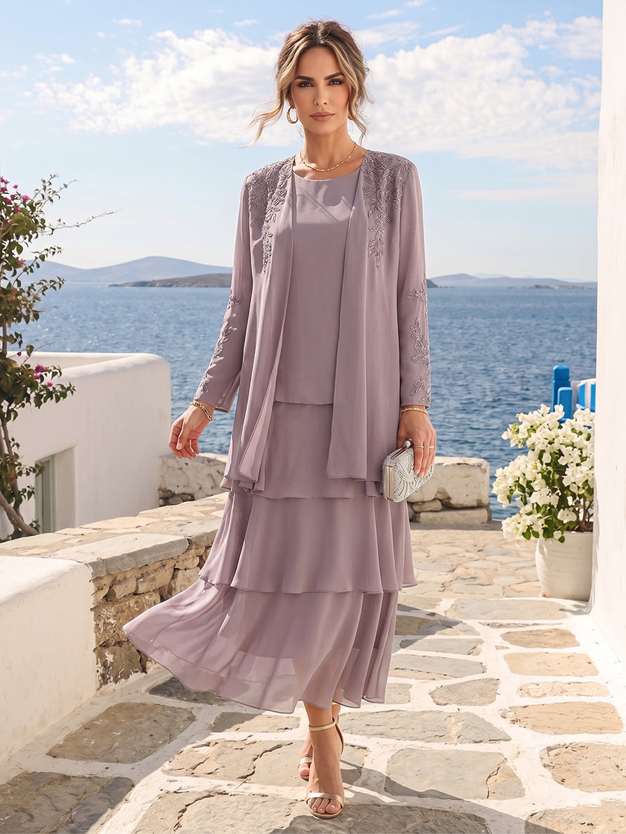 Chiffon Mother of the Bride Dresses Tiered A-Line Scoop Long Sleeves 2 Pieces Tea-Length Formal Wedding Guest Gowns with Applique & Jacket