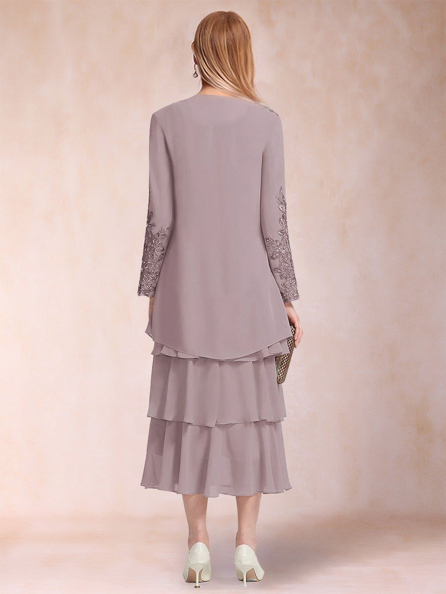 A-Line/Princess Scoop Long Sleeves Tiered 2 Pieces Mother of the Bride Dress with Applique &amp; Jacket