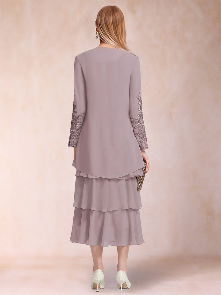 A-Line/Princess Scoop Long Sleeves Tiered 2 Pieces Mother of the Bride Dress with Applique &amp; Jacket