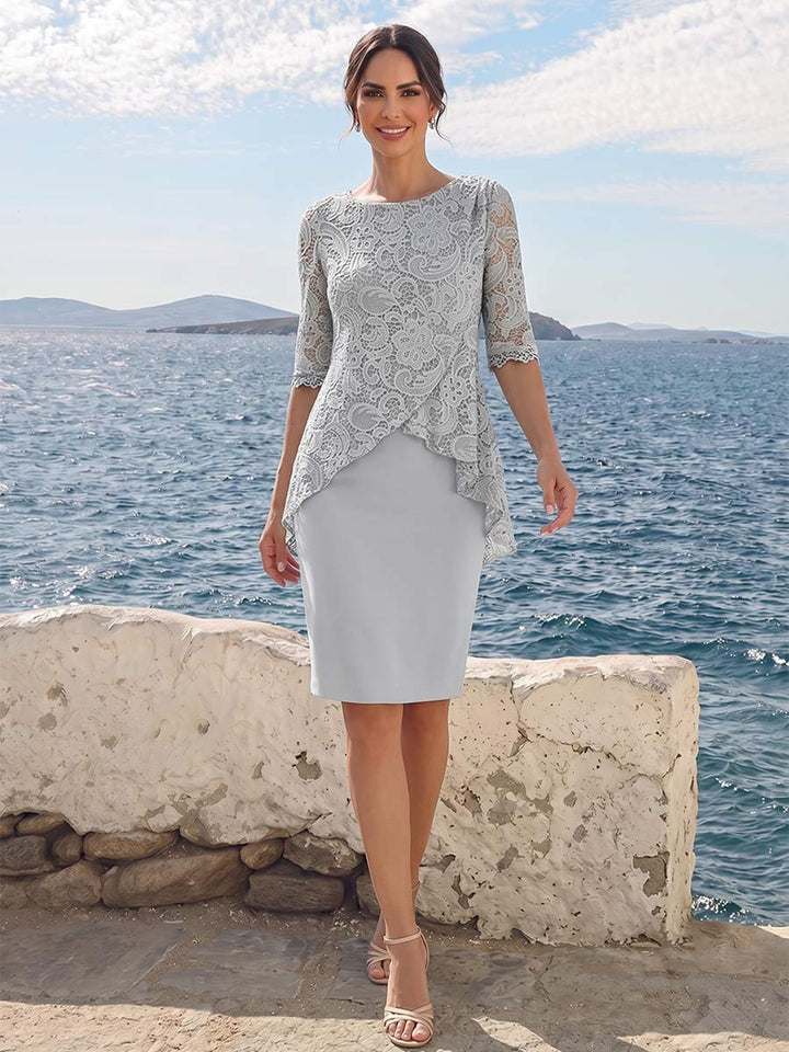 Sheath/Column Scoop Half Sleeves 2 Pieces Mother of the Bride Dress with Applique
