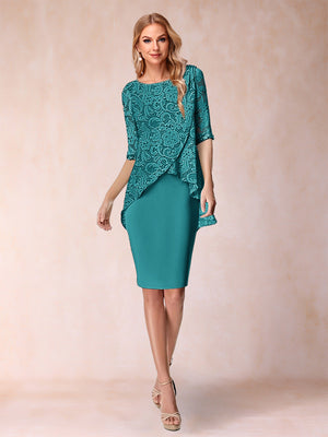 Sheath/Column Scoop Half Sleeves 2 Pieces Mother of the Bride Dress with Applique