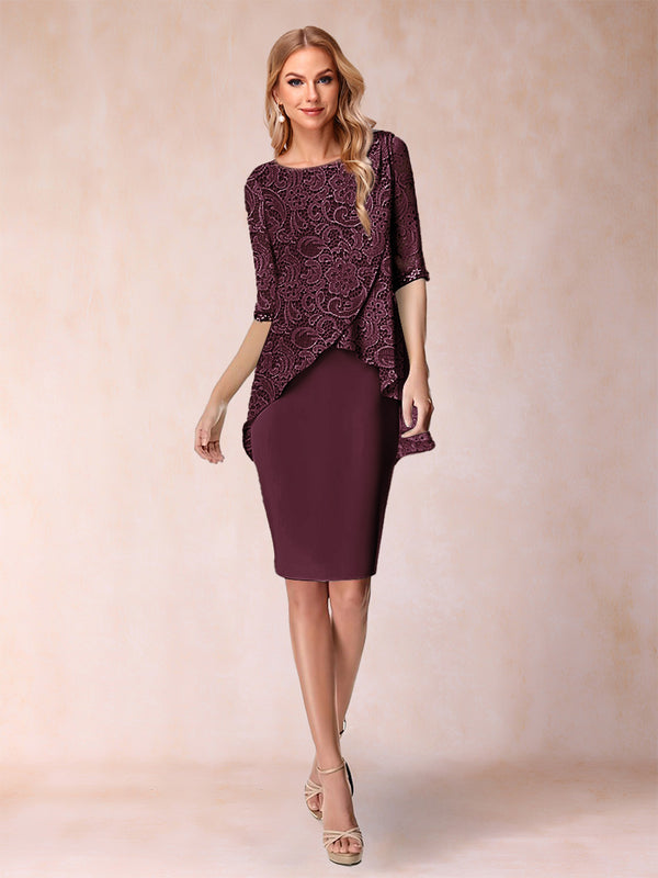 Sheath/Column Scoop Half Sleeves 2 Pieces Mother of the Bride Dress with Applique