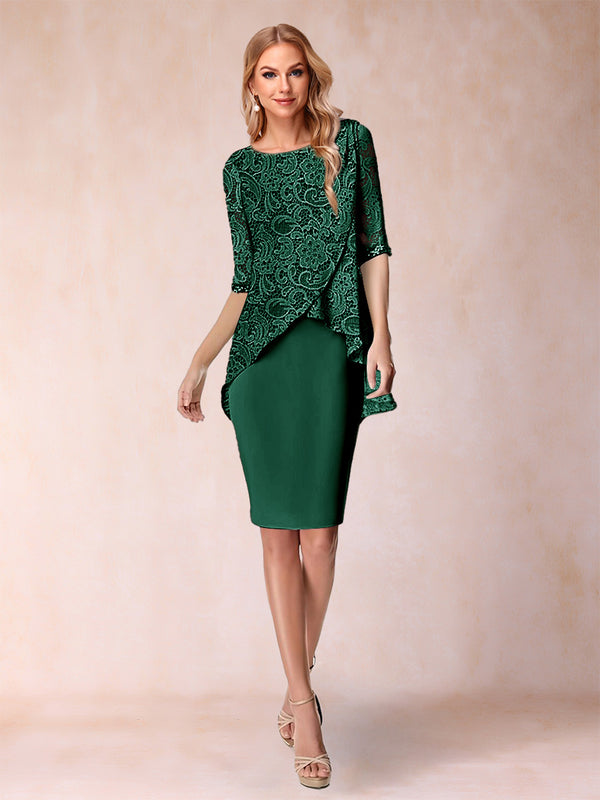 Sheath/Column Scoop Half Sleeves 2 Pieces Mother of the Bride Dress with Applique